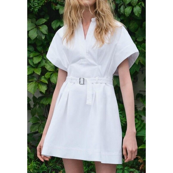 NWT Zara ZW Collection Belted Pleated Mini Dress White 8761/347 Women Sz Medium - Picture 2 of 11